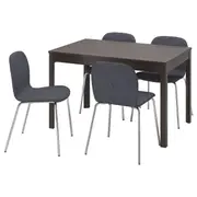EKEDALEN / KARLPETTER table and 4 chairs, dark brown/Gunnared medium grey chrome-plated, 120/180x80 cm