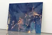 Gold Blue Ink Abstract Tempered Glass Printing Wall Art Australian Made Quality