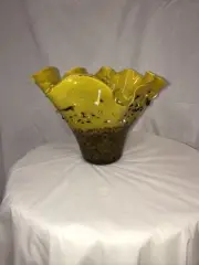 Handmade in Romania Wavy Glass Vase Yellow Glass Stones Coated