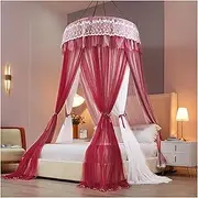 Double Layer Sheer Mesh Bed Canopy from Ceiling Breathable Dust-Resistant Hanging Lace Curtains with Ruffled Trim, Fits Single Twin/Full/Queen/King Beds(Red)