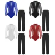 Men Latin Dance Outfits Long Sleeve Mesh Leotard with Pants Salsa Samba Costume