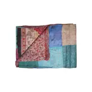 60 X 90 Blue Brown and Green Kantha Cotton Patchwork Throw Blanket