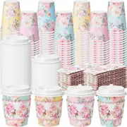 100 Pcs 8 Oz Floral Paper Coffee Cups with Lids and Sleeves Floral Design Dispos