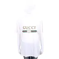 在飛比找Yahoo奇摩購物中心優惠-GUCCI 領邊小破損造型設計白色經典LogoT恤