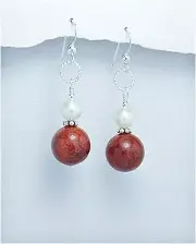 Pearl & Coral Silver Dangle Earrings, Red Coral & Pearl Sterling Silver Earrings