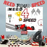 kreat4joy Need Four Speed Birthday Decorations, Race Car 4th Birthday Party Decorations Backdrop Banner Cake Cupcake Toppers Checkered Flag Number 4 Foil Balloons for 4th Boy Birthday Decorations