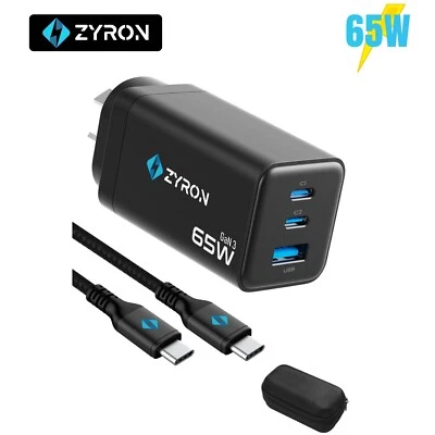 ZYRON 65W USB-C GaN Charger PD Fast Power Adapter for iPhone 15, Samsung, Black