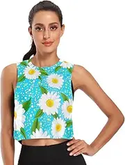 [ODAWA] White Daisies Leaves Light Blue Womens Sleeveless Crop Tops Sports Tank Tops