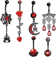 [TJCGCKK] 6 Pcs Black Punk Belly Button Rings for Women Girls Dangle Stainless Steel Belly Rings Piercing Spider Navel Barbell Body Jewelry