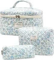 COZY CORE 3 Pack Quilted Cotton Makeup Bag Set, Cherry Travel Cosmetic Organizer with Toiletry Pouch, Portable Beauty Storage for Women Girls - Mothers Day Birthday Gifts (Orchid)