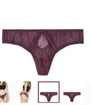 Victoria's Secret Flocked Dot Mesh & Lace Tanga Panty HTF Burgundy Kir NWT -L