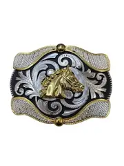 Cowboy Belt Buckle For Man Horse Head 4.25"x3.25" Silver Tone/Black