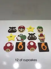 12 x Super Mario Edible Cupcakes Toppers, Gum Paste, Birthday Party.
