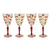Set of Four 4 Murano Glass Wine Red Yellow Floral Hand Painted Venice Italy