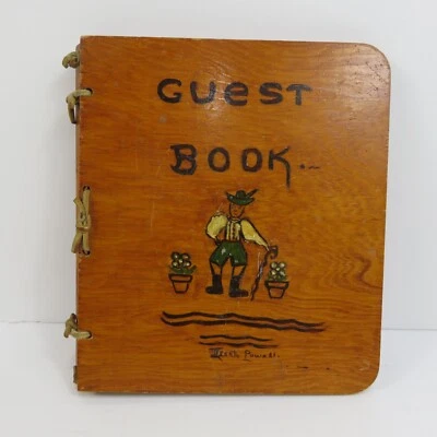 VINTAGE HANDMADE SPECIAL GUEST BOOK WITH WOOD COVER SUEDE LEATHER STRING