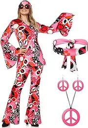 70s Women Hippie Costume Accessories Pink Hippie Disco Outfit for Available, Bottom Boho Flared Pants Hippie Shirt