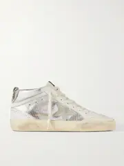 [Golden Goose] Golden Goose - Mid Star Distressed Suede-trimmed Metallic Snake-effect Leather Sneakers - Silver - IT41 IT 41 Silver