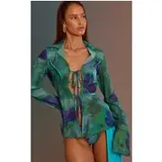 Emerald Green Ombre Print Long Sleeve Tie Front Beach Shirt, Emerald Green