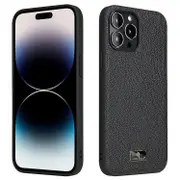 For iPhone 15 Plus Fierre Shann Leather Texture Phone Back Cover Case - Black4