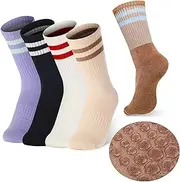 [Newcotte] 5 Pairs Women Long Yoga Socks with Grip Pilates Socks Non Slip Grippy Hospital Socks with Stripe for Sports Yoga Barre Ballet, Multicolored, One size