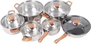 Pots Pans Set Stainless Steel Wood Grain Design Kitchen Cookware Set with Ergonomic Handle for Cooking Soup Frying and Boiling Noodles Durable Glass Phenolic Plastic Material 6