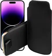 MEZON Pull Tab Slim Faux Leather Pouch Sleeve Case for Apple iPhone 15 Pro Max (6.7") and iPhone 14 Pro Max (6.7") – Shock Absorption, Wireless Charging Compatible (iPhone 14 Pro Max, Black)