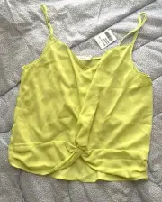 Neon Green Yellow Y2K Sheer Chiffon Tank Top Knot Front Boho Work Lush S NEW