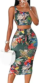 [Floerns] Women's 2 Piece Outfit Scoop Neck Crop Tank Top Tie Front Pencil Skirt Set