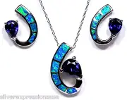 Tanzanite & Blue Fire Opal 925 Sterling Silver Pendant Earrings set Necklace