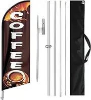 QSUM 11FT Coffee Swooper Flag and Pole Kit for Businesses - Feather Flag Advertising Signs for Coffee Shops