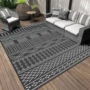 Outdoor Rug Carpet Waterproof 5x8 ft Patio Rug Mat Indoor Outdoor Area Rug for RV Camping Picnic Reversible Lightweight Plastic Straw Outside Rug for Patio Decor Decoration Boho Rug Black White