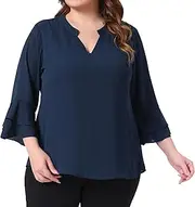[Agnes Orinda] Plus Size Tops for Women Dressy 3/4 Bell Sleeve Blouses Double Layered Chiffon Work Tunic Shirts