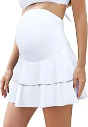 [SHEKINI] Maternity Ruffled Skirt Over and Under Belly High Waisted Flowy Pregnancy Athletic Skorts Built-in Shorts for Tennis Golf