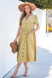 Cupshe Yellow V-Neck Front Button Midi Dress - Yellow,S