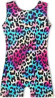 [Domusgo] Girls Gymnastics Leotards Size 7-8 Years Old Shiny Rainbow Leopard Practice Biketard One Piece Tumble Outfits with Shorts, Rainbow Leopard Biketard, 7-8 Years