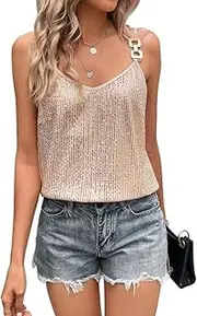 [Generic] Womens Sequin Top V Neck Strappy Sparkle Camisole Glitter Sleeveless Tanks Tops