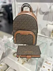 Michael Kors Jaycee XS Zip Pocket Mini Backpack + Bifold Zip Wallet Set (Brown)