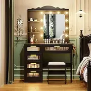Dystler Makeup Vanity Desk with Mirror and Lights, Vanity Table with 5 Drawers & 2 Shelves, Vanity Set for Bedroom, Dressing Table with 10 Light Bulbs/USB Port/Human Sensor, Black
