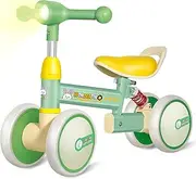 Baby Balance Bike for 1-3 Year Kids Balance Bike with 4 Wheels,Carbon Steel Frame,Silence Wheels & Adjustable Soft Seat, Handlebars with Flash LED,Perfect Baby Bike Toddler First Birthday Gifts-Green