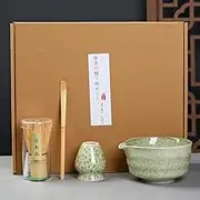 Matcha Whisk Set, Japanese Tea Set Includes Matcha Bowl with Spout, Matcha Whisk Holder, Bamboo Matcha Whisk and Bamboo Scoop, Ceramic Matcha Kit for Tea Lovers ﻿ (Matcha Color -4pcs)