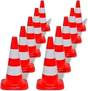 10 Reflective Traffic Cones Red and White 50 cm, High Visibility Safety Cones for Garage, Ramps, Doorways, Thresholds - Durable PE, Stackable Design, Weather-Resistant for Outdoor Use