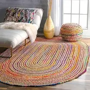 [Aizza Trends] Handmade Hand Braided Multi Cotton with Jute Oval Shape Area Rugs - Floor Décor Carpet-Floor Mat 8 x 10 Feet Oval (240 cm x 300 cm)
