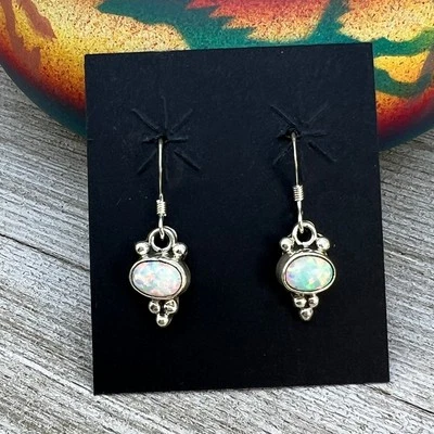 Dainty white Opal Dangle earrings, small handmade Sterling Silver