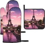 3 pcs Oven Mitts and Pot Holders Set 500°F Heat Resistant Oven Gloves and Hot Pads Kitchen Mittens Eiffel Tower Paris Cooking Gloves Potholders for Baking Grilling