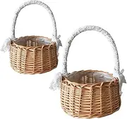 Flower Girl Basket with Lace Decor, 2PCS Wicker Rattan Flower Basket with Waterproof Lining and Handle, Portable Storage Organzier for Wedding Party Gifts