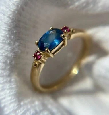 2.16 Ct Oval Cut Natural Blue Sapphire & Ruby Woman s Ring 14K solid Yellow gold