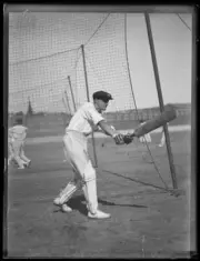 Cricketer Len Darling hitting a ball in the practice nets NSW 1933 Old Photo