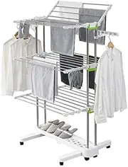 Premium Large Foldable Rolling Clothes Laundry Drying Rack Stainless Steel Heavy Duty Rod - 8 Lockable Casters