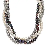 Sterling Silver Rh 6-7mm White/Black/Silver Fwc Pearl W/2In Ext. Necklace