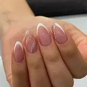 Virellay Almond Fake Nails, Artificial Fingernails, Press On Nails Almond (French With Glitter Line, 24 Pieces)